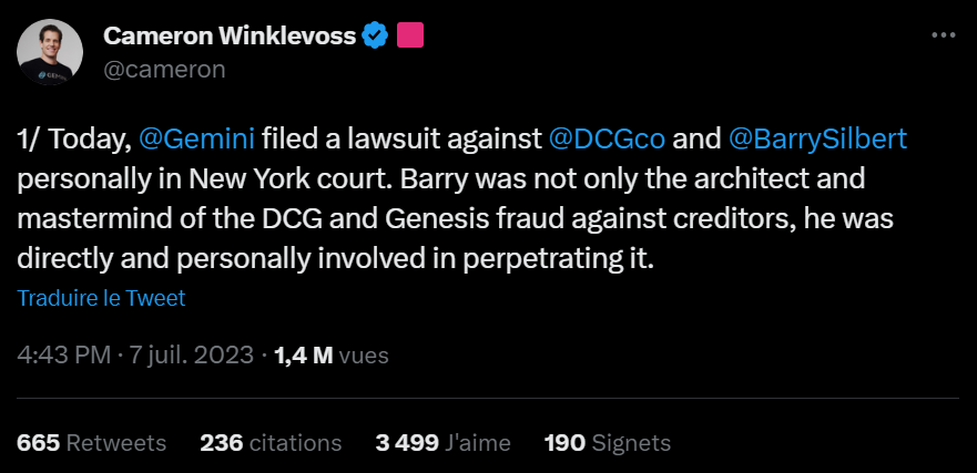 Cameron Winklevoss, le dirigeant de Gemini, accuse personnellement Barry Silbert d'être de mauvaise foi dans l'affaire qui concerne le programme Earn géré par Genesis. C'est maintenant à la justice de jouer !