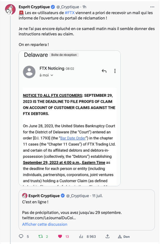 Tweet sur la communication de FTX 