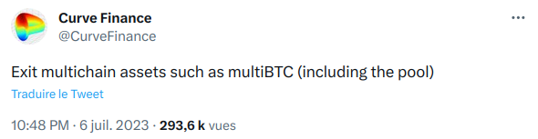 Curve Finance alerte les utilisateurs vis-à-vis du hack de MultiChain