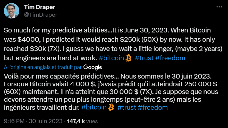 Encore une prédiction de plus concernant le prix de Bitcoin et elle nous vient de Tim Draper, un des premiers à avoir investi sur le roi des cryptos dès 2014. Pour lui, il est là pour rester et pourrait atteindre 250 000 dollars d'ici deux ans. Chiche ?