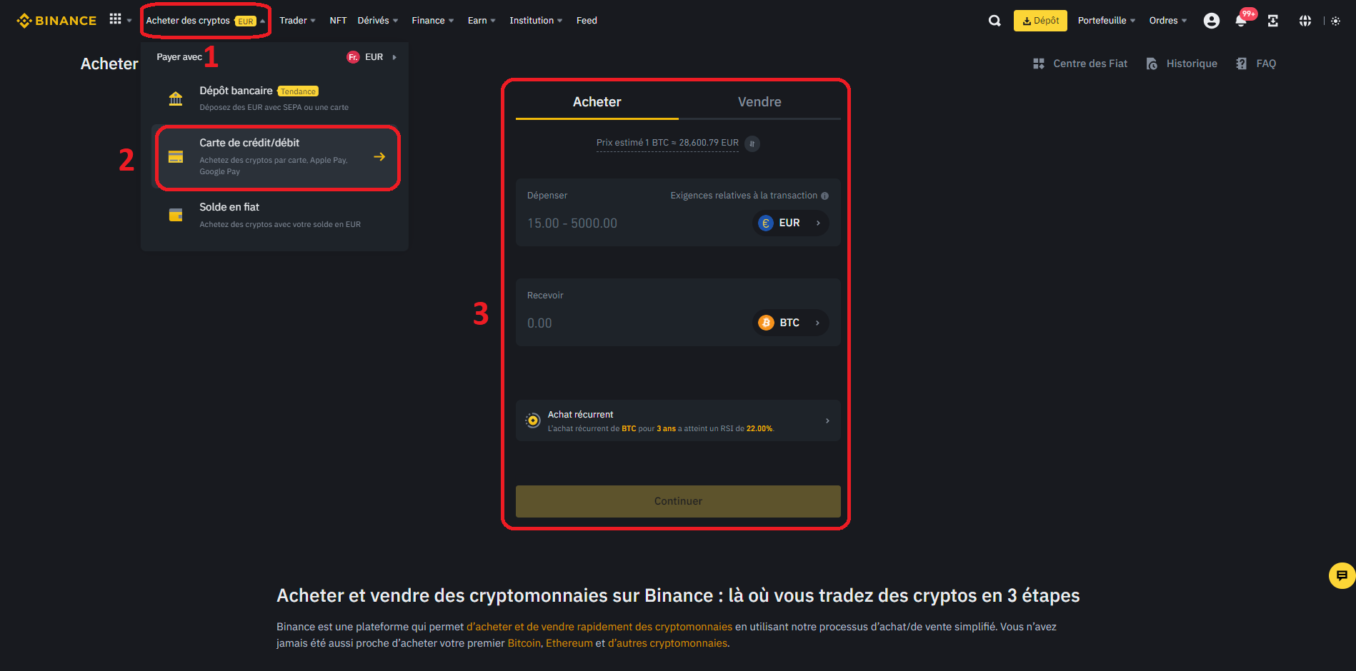 Achat de crypto par CB sur Binance