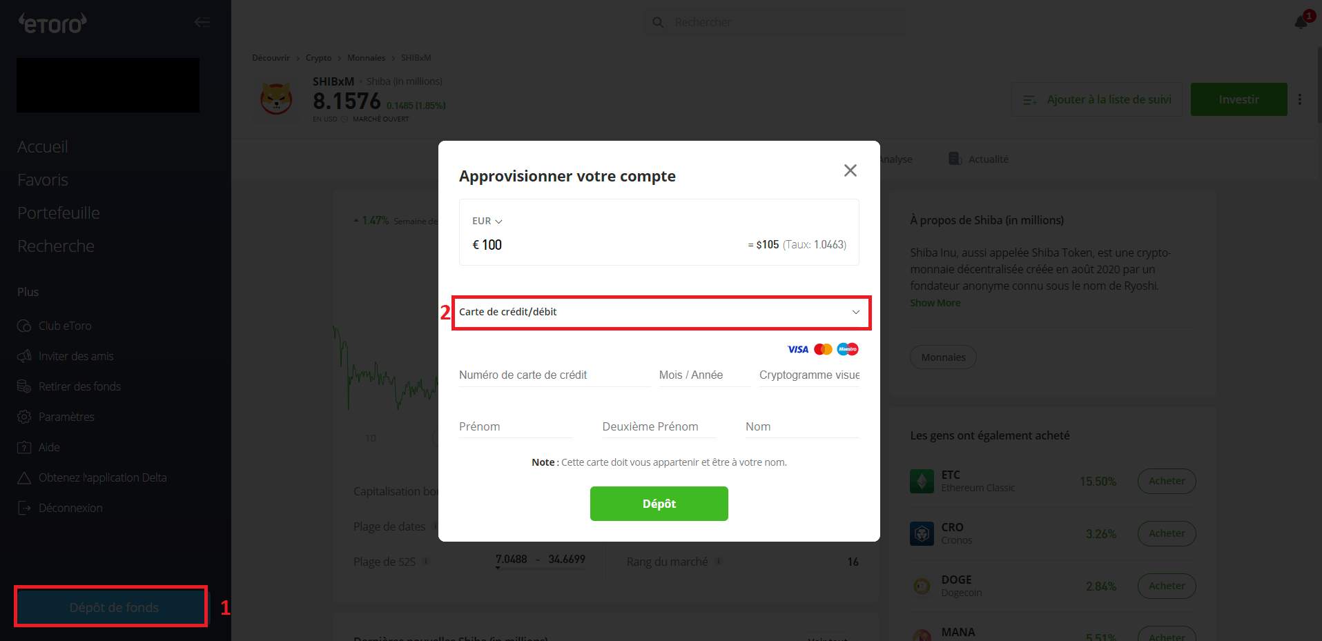 Dépôt d'argent par carte bancaire sur EToro