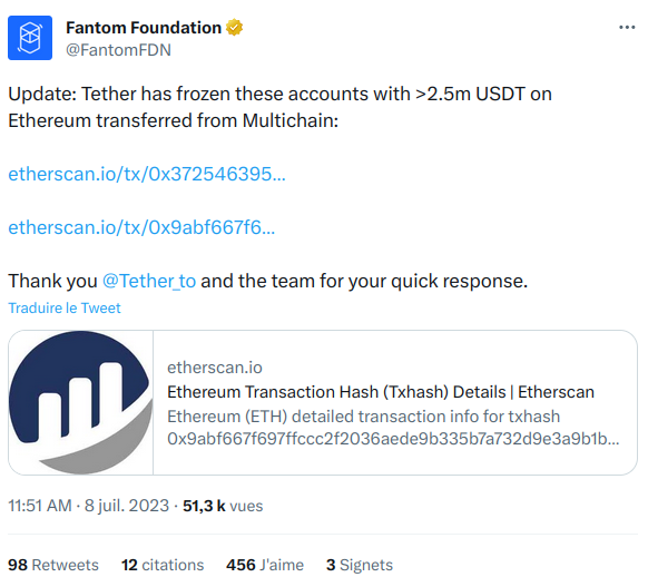 Tweet de la Fondation Fantom qui annonce que Tether a gelé 2,5 millions de dollars en USDT