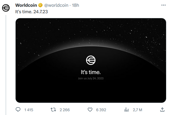 Tweet de Worldcoin qui annonce le lancement de son jeton WLD.