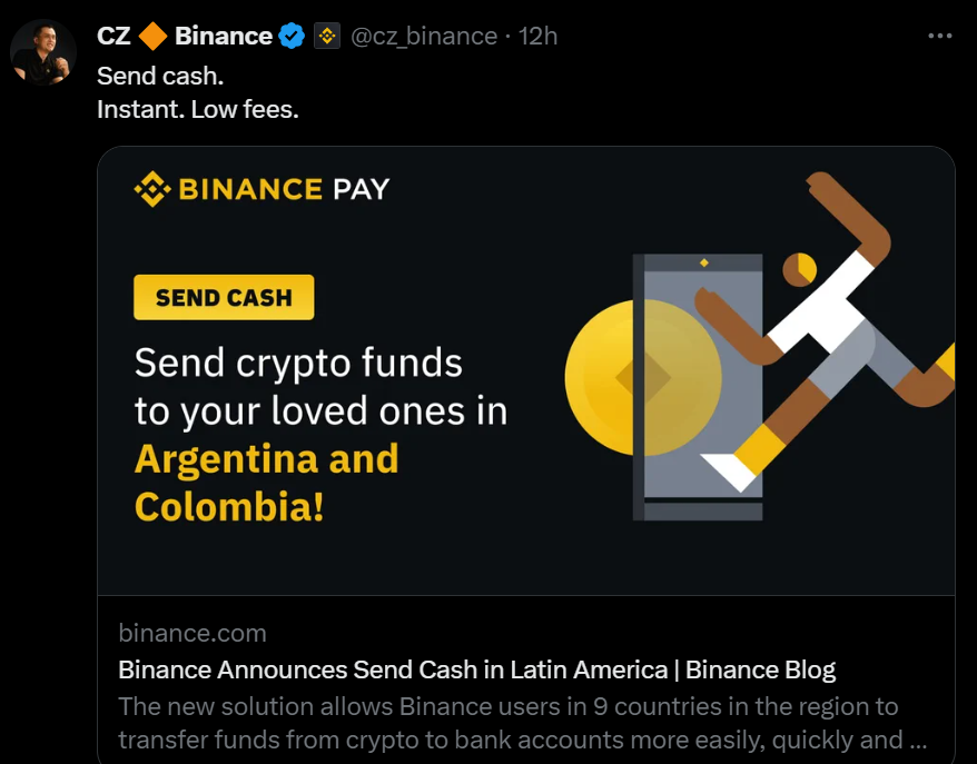 Binance lance un nouveau service de transfert de crypto vers des comptes bancaires en Amérique du sud. Tout d'abord limité à 9 pays, Send Cash devrait se généraliser dans les mois à venir. 