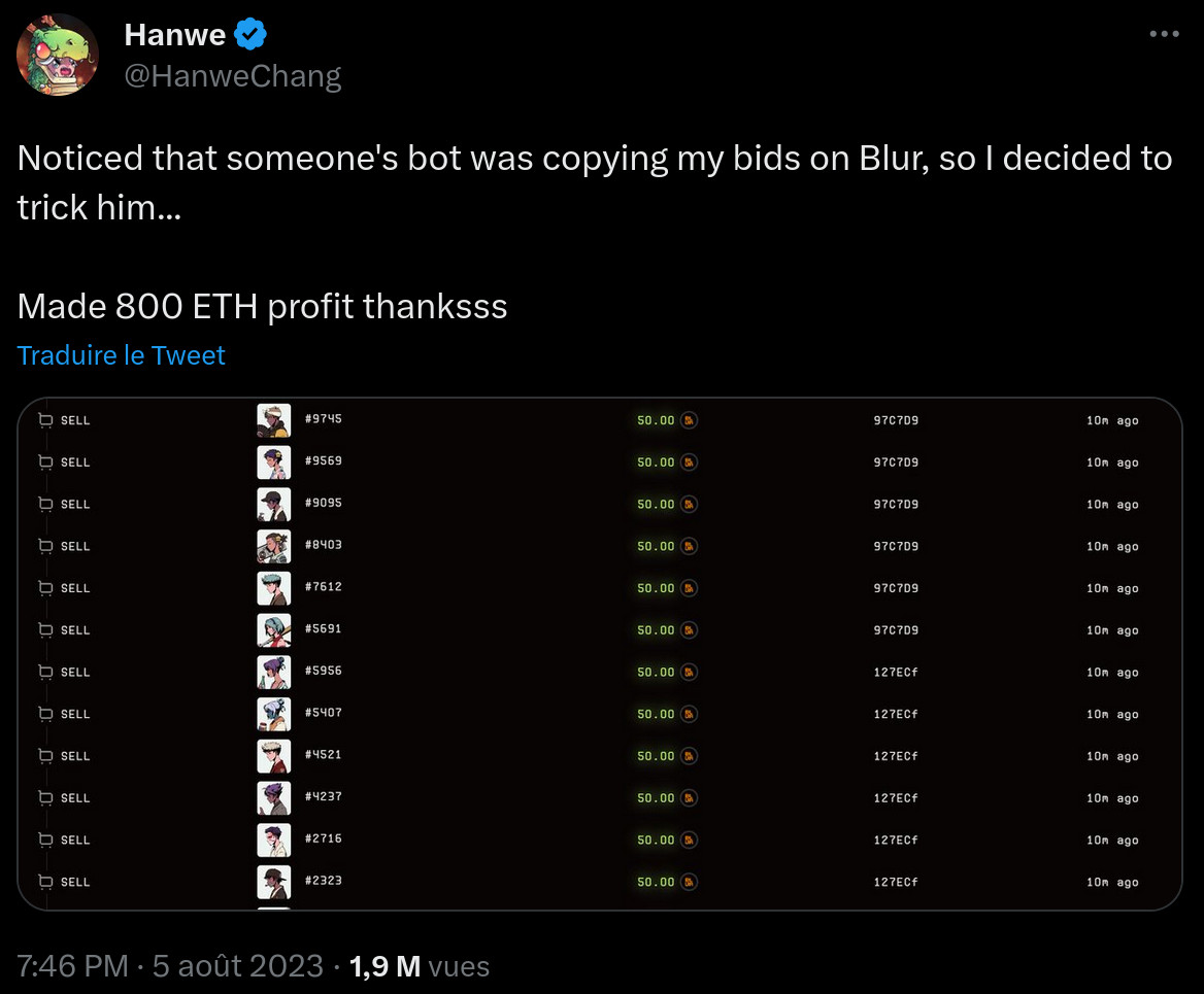 Hanwe Chang dévoile avoir berné un bot pour 800 ETH