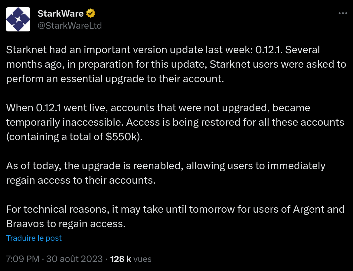 Starknet remet en place la mise à jour de ses smart contract wallets