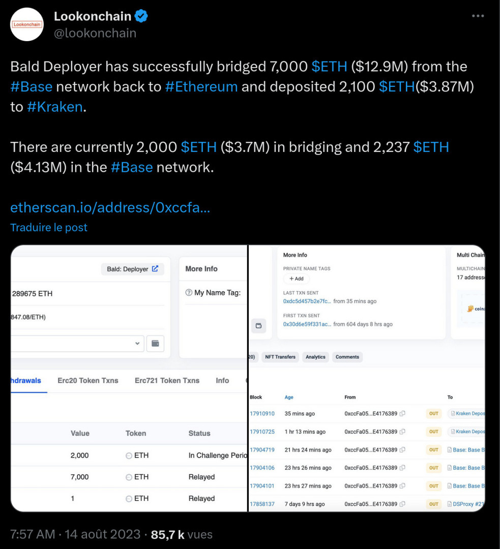 Lookonchain dévoile sur Twitter le transfert du créateur du BALD 