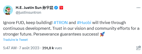 Justin Sun dénonce du FUD autour de Huobi.