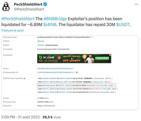 Peckshield annonce la liquidation d'une partie de la position du hacker 