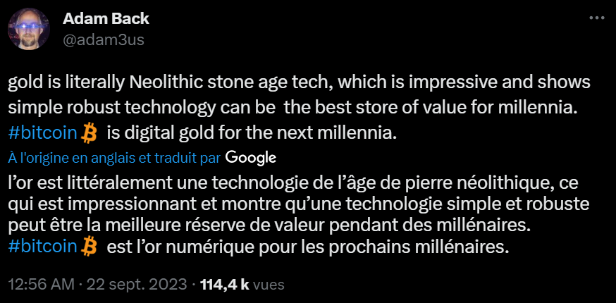 Bitcoin remplacera-t-il l'or au prochain millénaire en tant que réserve de valeur ? De nombreuses personnes le pensent dont Adam Black, fondateur et CEO de Blockstream qui vient de publier un tweet en ce sens. 