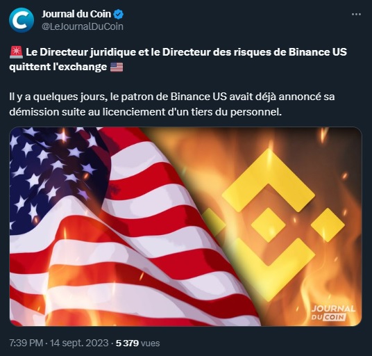 Deux nouveaux départs de Binance.US sont annoncés, après celui du PDG.