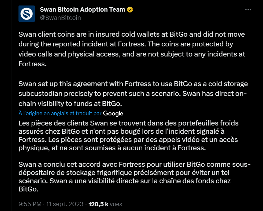 La direction de Swan prendra aussi la parole sur les réseaux sociaux pour défendre l'intégrité des systèmes et rassurer ses utilisateurs. Il n'y a pas de problème de sécurité pour eux suite au hack Fortress Trust.