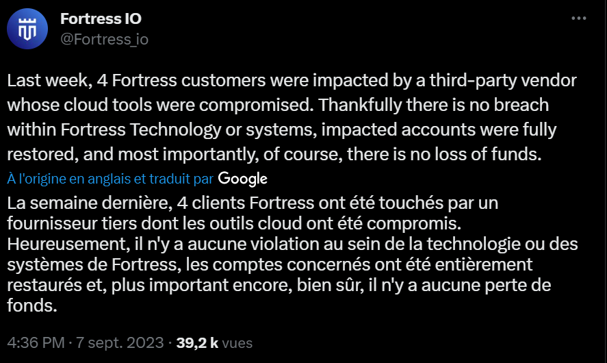 Fortress annonce avoir subit un hack mais sans pertes financières pour ses utilisateurs. Puis le lendemain, le rachat par Ripple est officiel mais aucun lien entre les deux événements. Vraiment ? Pas si sûr.