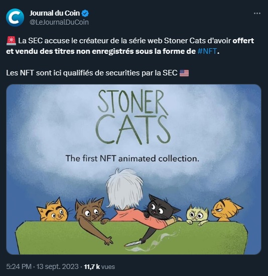 La SEC a accusé le projet NFT Stoned Cats d'avoir vendu des NFT catégorisés comme securities au grand public sans autorisation.