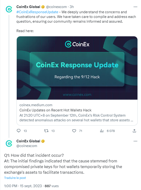 CoinEx détaille plusieurs éléments importants sur le hack de ses wallets cryptos.