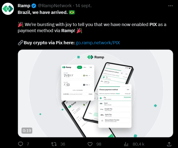 Le système de paiement brésilien PIX permet le paiement en cryptos grâce à un partenariat avec Ramp