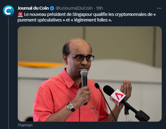 Le nouveau président de Singapour s'était exprimé sur la question des cryptos qu'il jugeait trop volatiles.