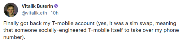 Message publié par Vitalik Buterin sur Warpcast suite au hack de son compte X