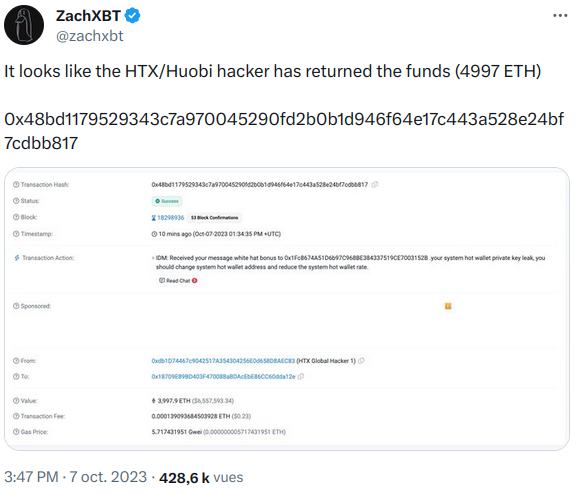 ZachXBT révèle la restitution des fonds dérobés sur HTX.