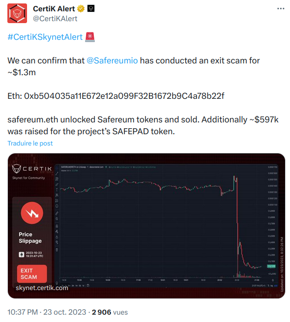 Certik alerte suite à l'exit scam de Safereum.