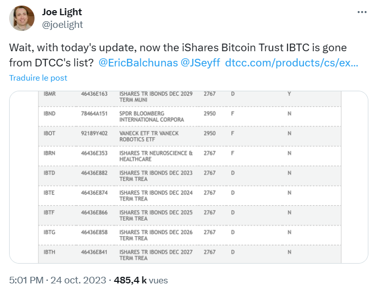 L'indice IBTC pour l'ETF au comptant Bitcoin de BlackRock a été retiré du DTCC.